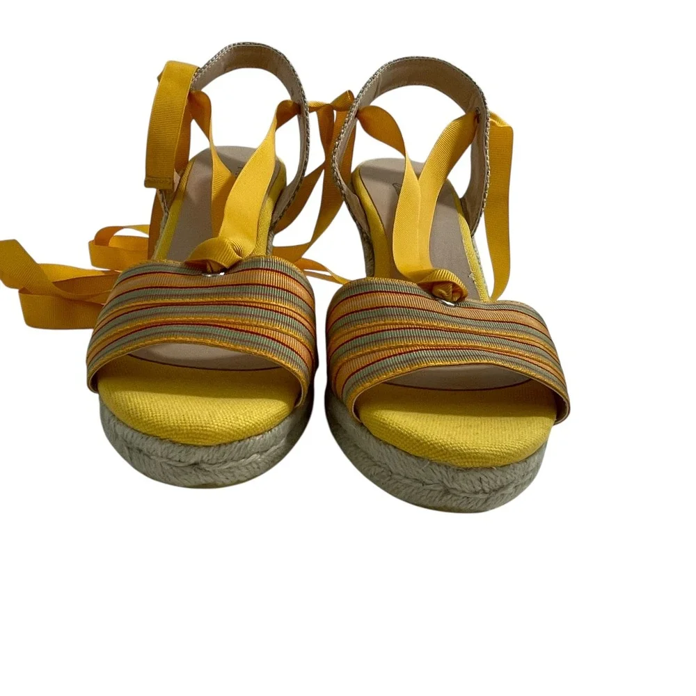 Talbots Espadrille Wedge‎ Sandals Size 9 Yellow Red Ribbon Tie Up Ankle Stripe